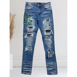 Amiri King Cobra Embroidered Men’s W31 L30 Leather Patch Distressed StretchJeans